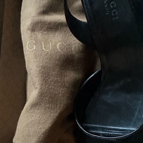 Gucci peep-toe wedge sandals used, black patent leather, size 37.5