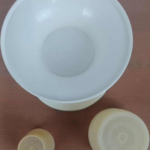Vintage Tupperware salad bowl base and glasses used