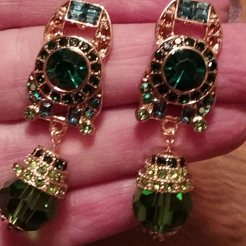 Dangling earrings like new, gold plated with artificial nephrite or stone