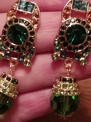 Dangling earrings like new, gold plated with artificial nephrite or stone