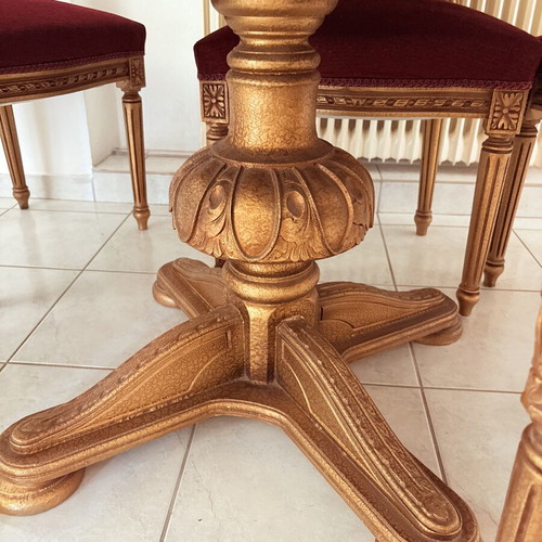 Vintage dining set round table with 6 velvet chairs Louis style like new