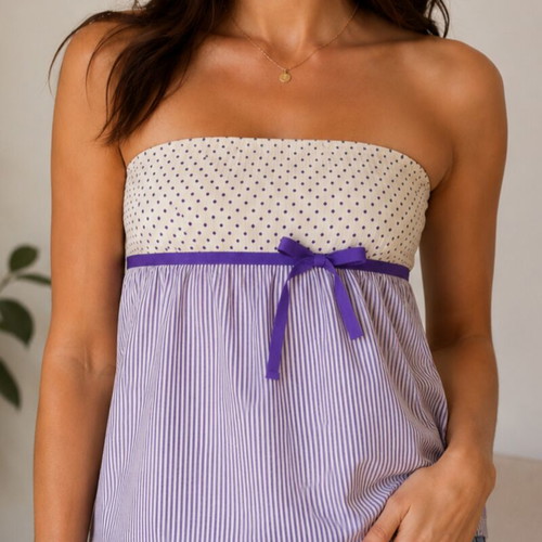Women's strapless top with striped and polka dot pattern, like new, purple