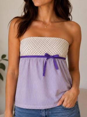 Women's strapless top with striped and polka dot pattern, like new, purple