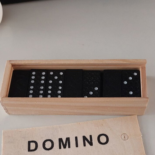 Black Fabric Storage Box 30x30x30 cm with Educational Toys and Wooden Domino like new