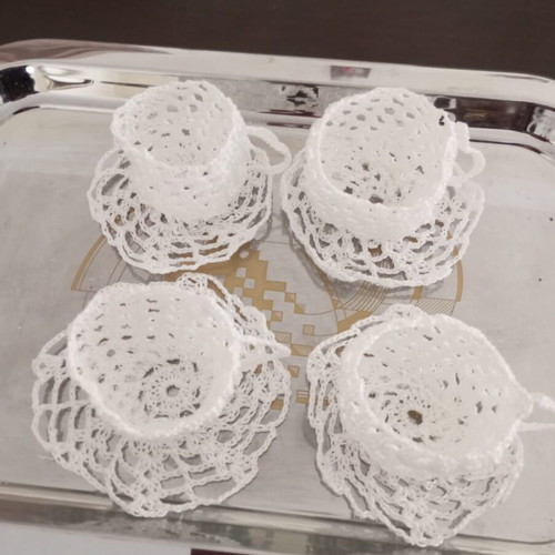 Set of 4 Handmade Crochet Cups with Saucers, new, vintage table decor