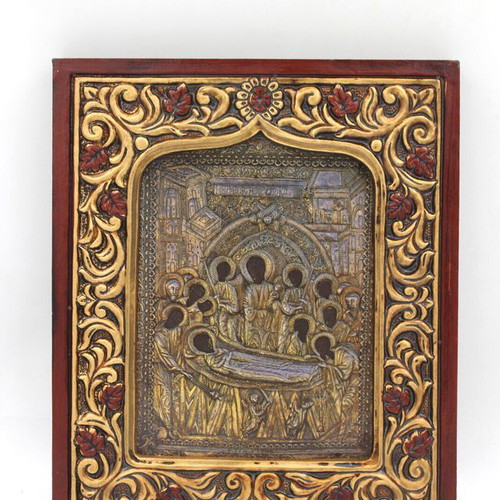 Vintage handmade icon of the Dormition of Theotokos 21.5x26cm like new