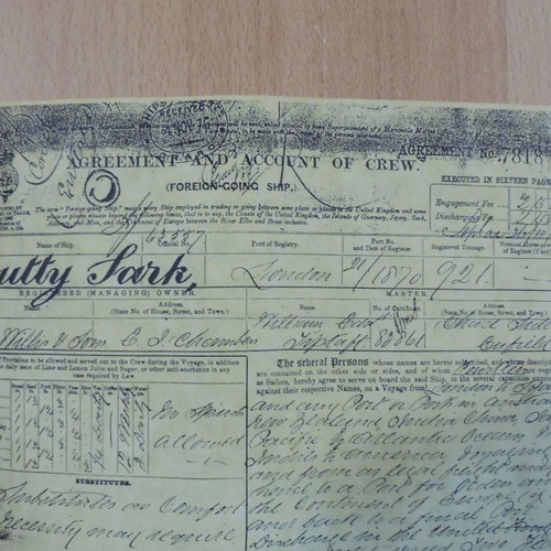Agreement and account of crew of British ship Cutty Sark used
