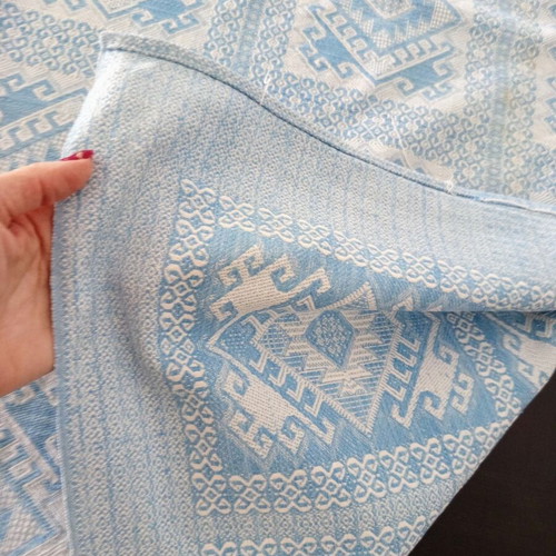 Woven Jacquard Tablecloth used, blue with geometric vintage cotton design