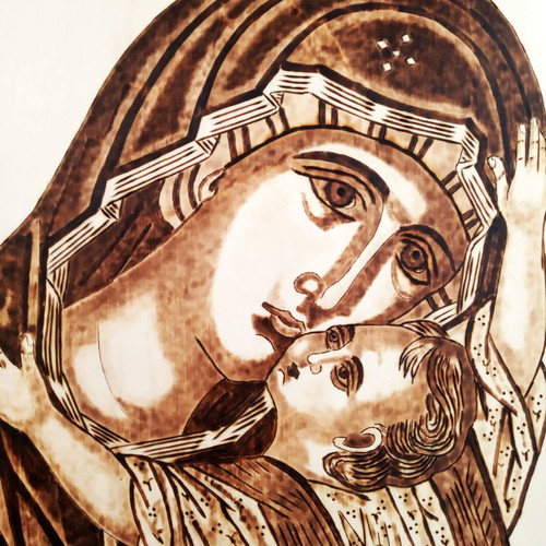 Pyrography painting The Virgin Mary Kardiótissa new on linden wood