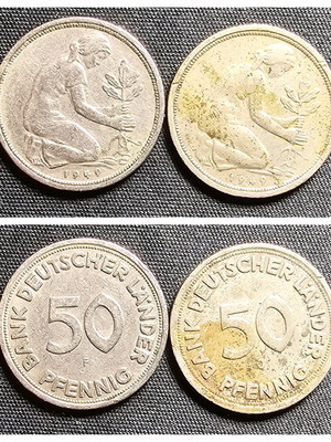50 Pfennig coins 1949 F and 1949 J used, Germany