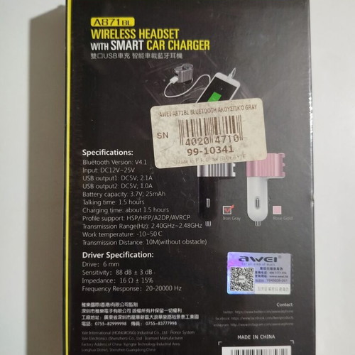 Awei A871BL rechargeable Bluetooth headset with USB car charger, new, black