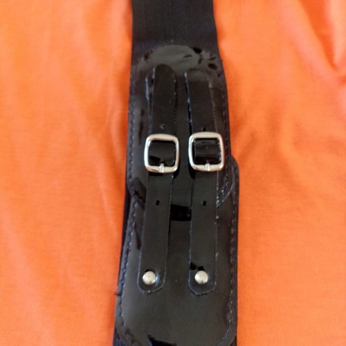 Black belt with elastic and patent leather double buckle, like new