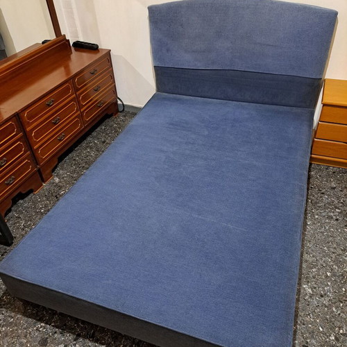 Semi-double bed with headboard 135x200 used, blue cotton fabric, beech frame