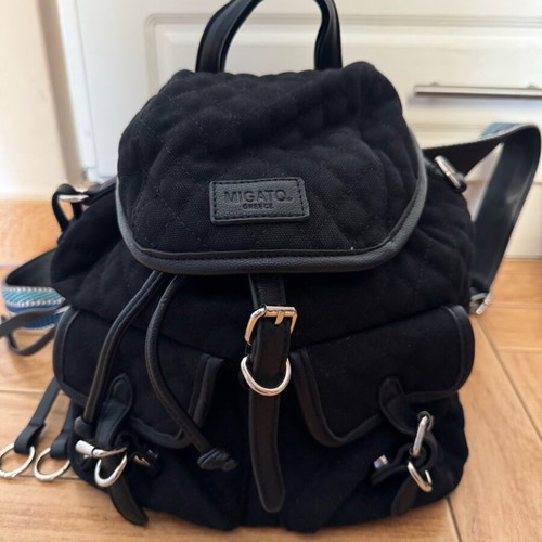 Migato backpack like new, black quilted with blue straps