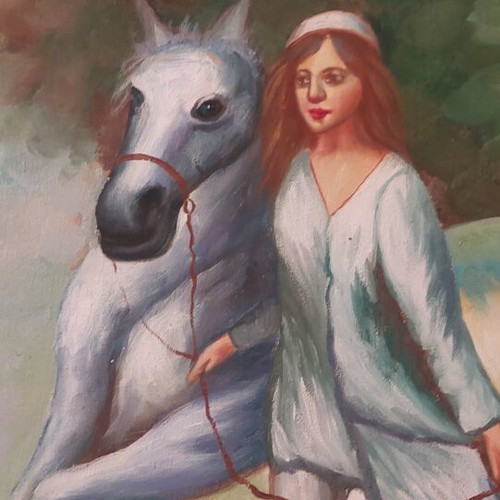 Oil painting of girl with white horse in water like new