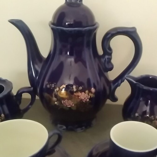 Vintage Yamato 1886 Japan tea set used, 8-piece blue porcelain