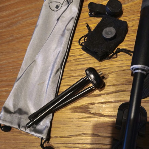 Selfie stick like new with two lenses, tripod base and Bluetooth bracelet