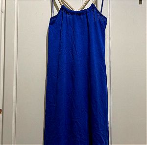 Γυναικείο μινι mini φόρεμα μπλε ελεκτρίκ με σχοινί με χρυσές κλωστές στον λαιμό one size