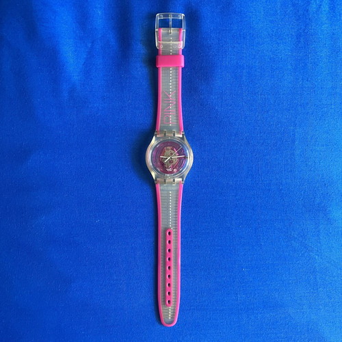 Swatch wristwatch with battery, pink silicone strap