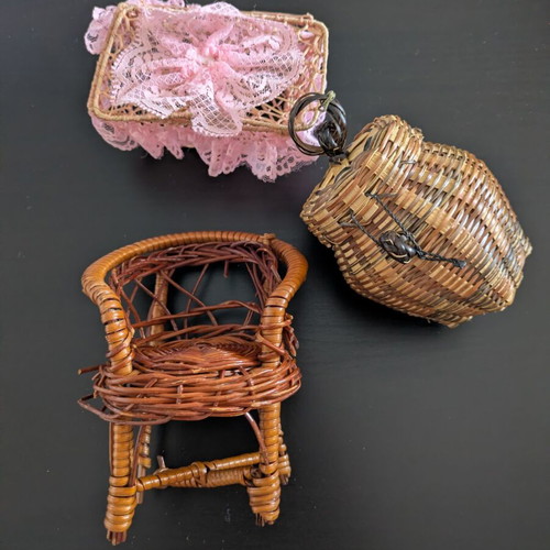 Vintage doll furniture set used, including Baboo chair, basket, lace box