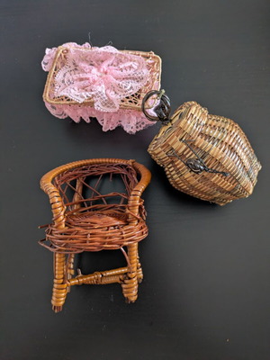 Vintage doll furniture set used, including Baboo chair, basket, lace box