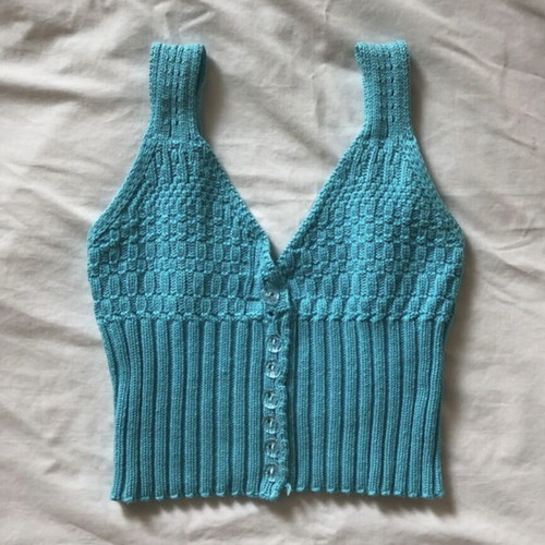 Knitted blue top used, missing one button