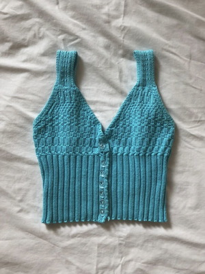Knitted blue top used, missing one button