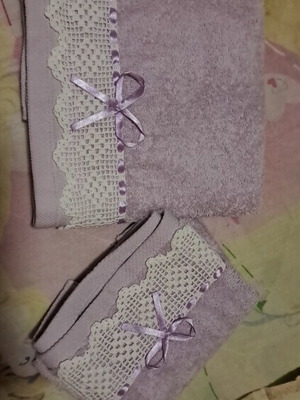 Handmade face and hand towels lilac-purple like new with lace and ribbon