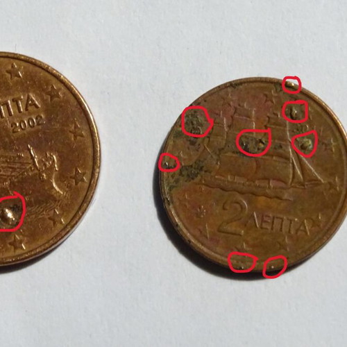 5 and 2 cents 2002 Greece used with many minting errors