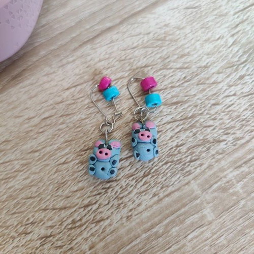 Handmade Earrings with Piglet Design in Blue and Pink, Like New