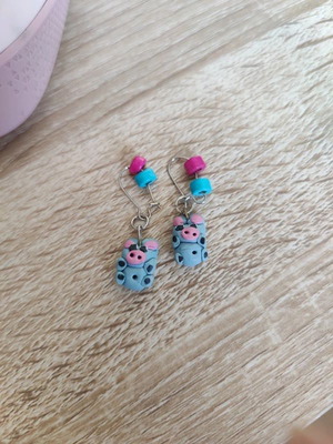Handmade Earrings with Piglet Design in Blue and Pink, Like New