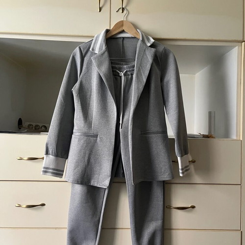 Grey suit set like new, S, polyester with stripes