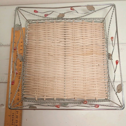 Metal basket with decoration of red beads and leaves like new