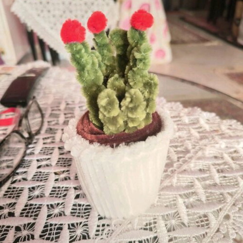 Handmade Blooming Cactus in White Pot made of Pipe Cleaner