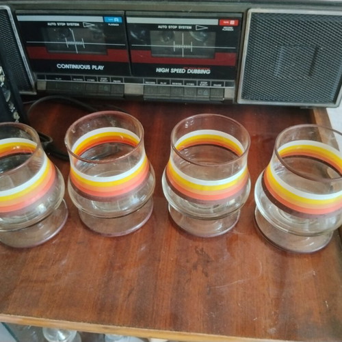 Set of 4 retro authentic glass brandy glasses with colored stripes