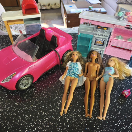 Barbie dolls with car and furniture accessories set