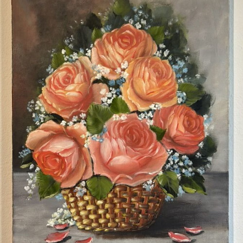 Handmade oil painting with roses on canvas