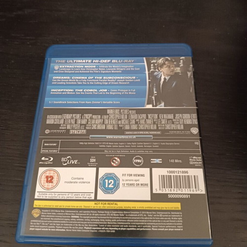 Inception Blu-Ray used, action movie with Leonardo Di Caprio, 3-disc set