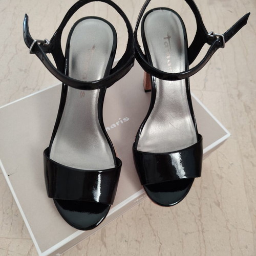Tamaris high-heeled sandals, black patent with beige and silver platform