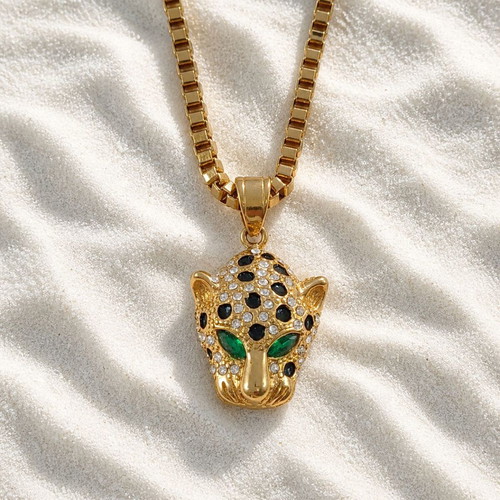 Necklace with stainless steel Venetian chain and pendant with crystals new, green and gold