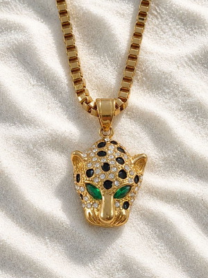 Necklace with stainless steel Venetian chain and pendant with crystals new, green and gold