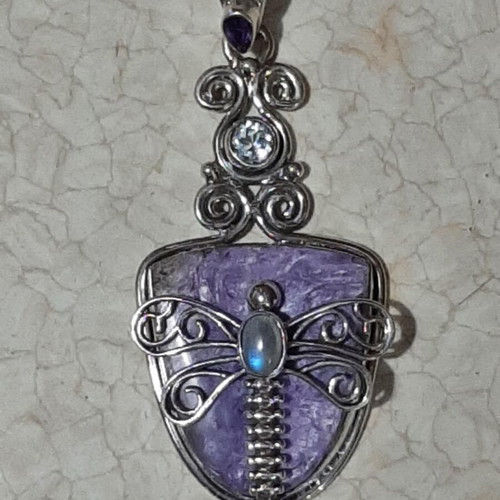 Dragonfly pendant 925 with purpurite, amethyst, blue topaz and moonstone new