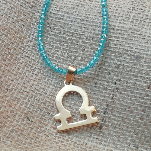 Libra necklace gold-plated pendant new with transparent blue iridescent color