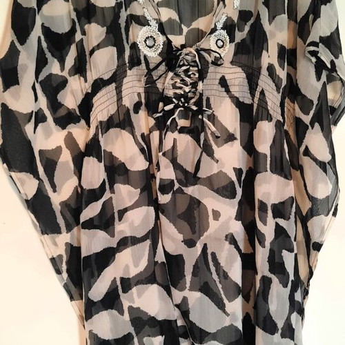 Light Animal Print Beach Kaftan with Beaded Embroidery and Corset Ties, like new