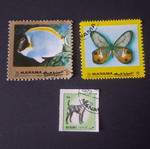 Manama thematic stamps pack of 3, tropical fish, butterfly, boxer dog