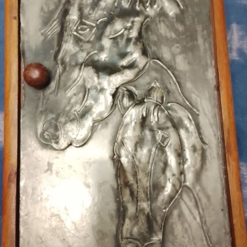 Vintage key box with hammered pewter relief