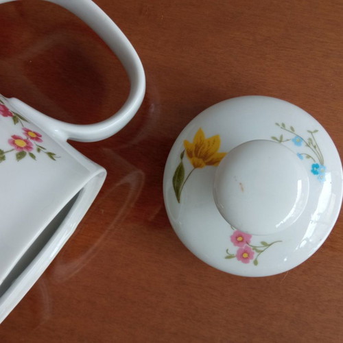 Vintage porcelain jug with floral design used, made in GDR