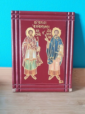 Wooden icon of Saints Anargyroi used