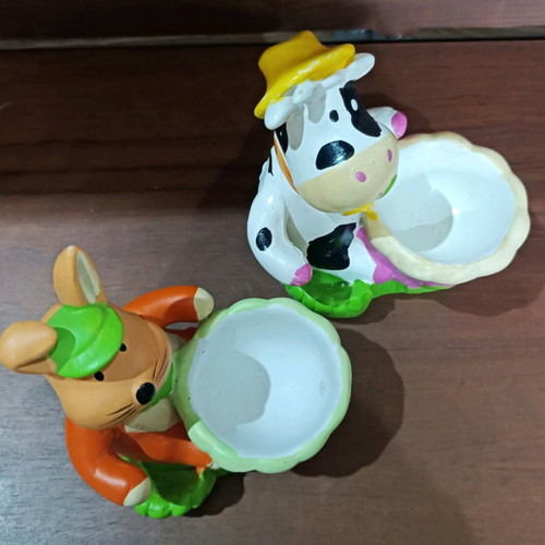 Ceramic children's egg holders rabbit and cow new, set of 2