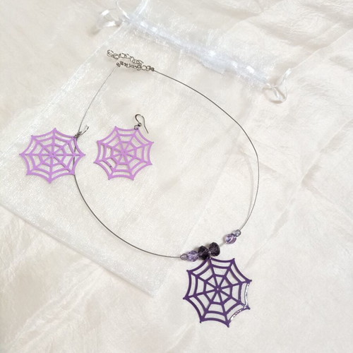 Spider web necklace and earrings set, purple and lilac